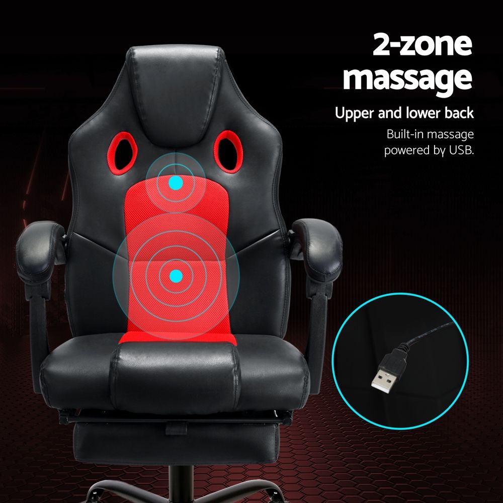 Artiss Massage Gaming Chair PU Leather Reclining Office Chair with 2 Zone Massage Black