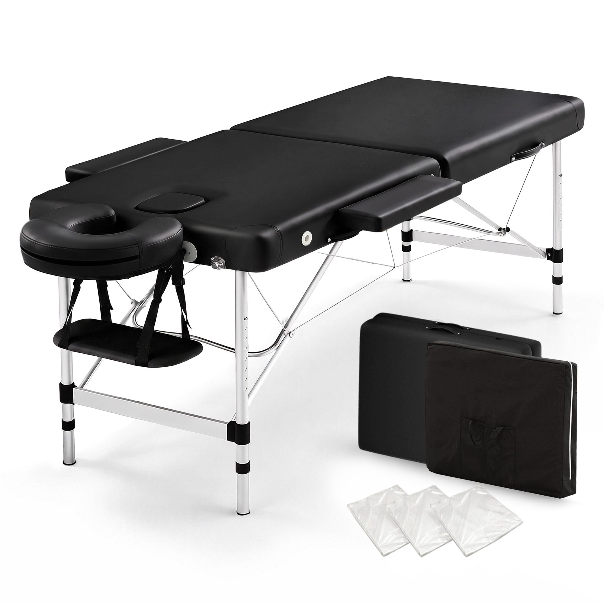 Massage Table 55cm Aluminium 2-Fold Portable 250kg with Bag Cover Black