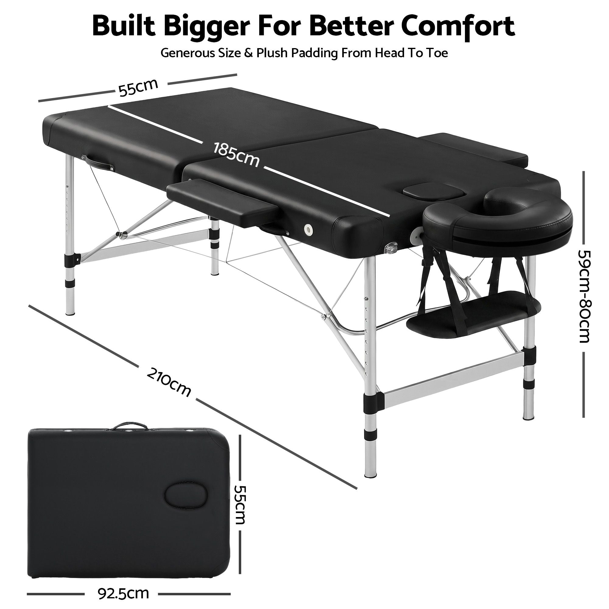 Massage Table 55cm Aluminium 2-Fold Portable 250kg with Bag Cover Black