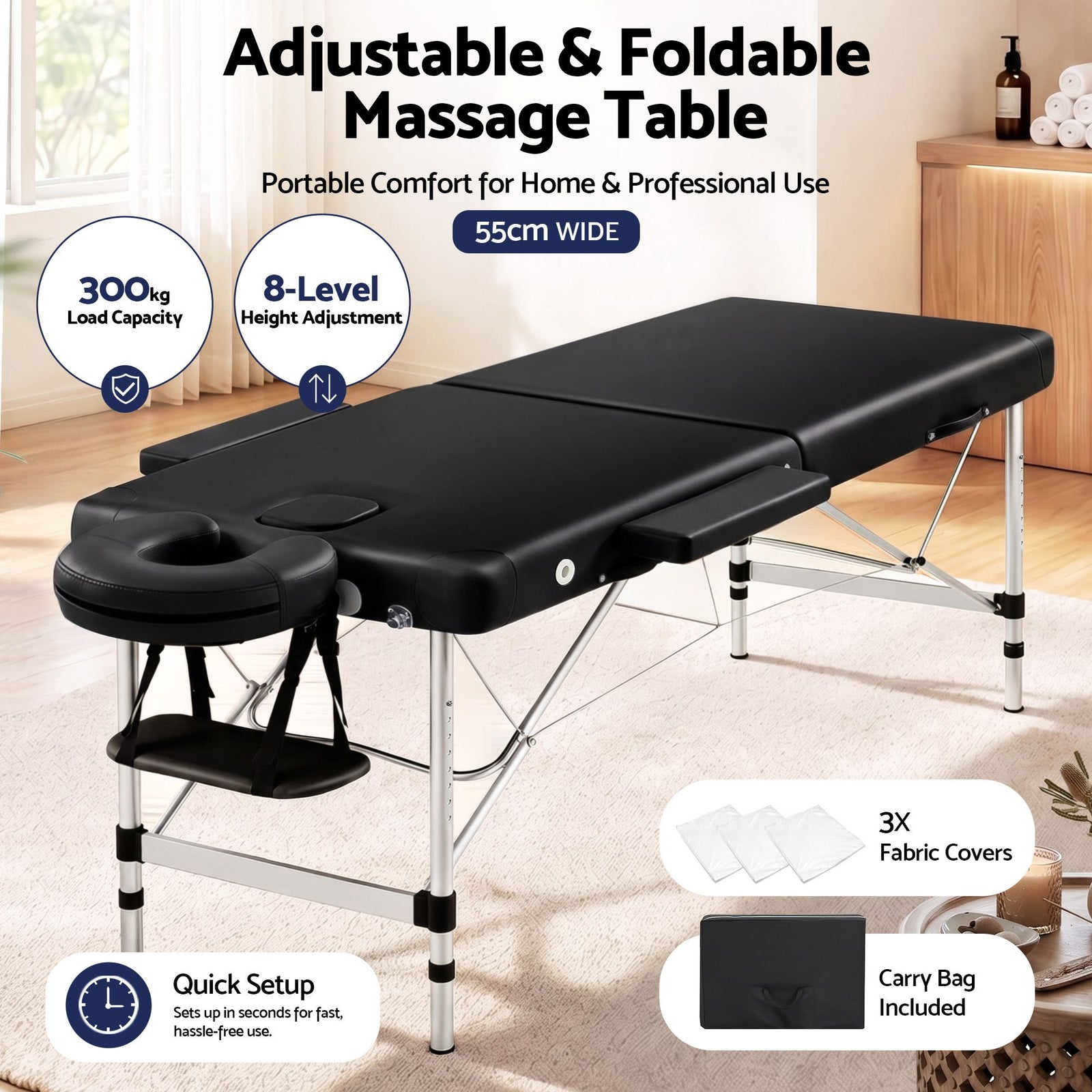 Massage Table 55cm Aluminium 2-Fold Portable 250kg with Bag Cover Black