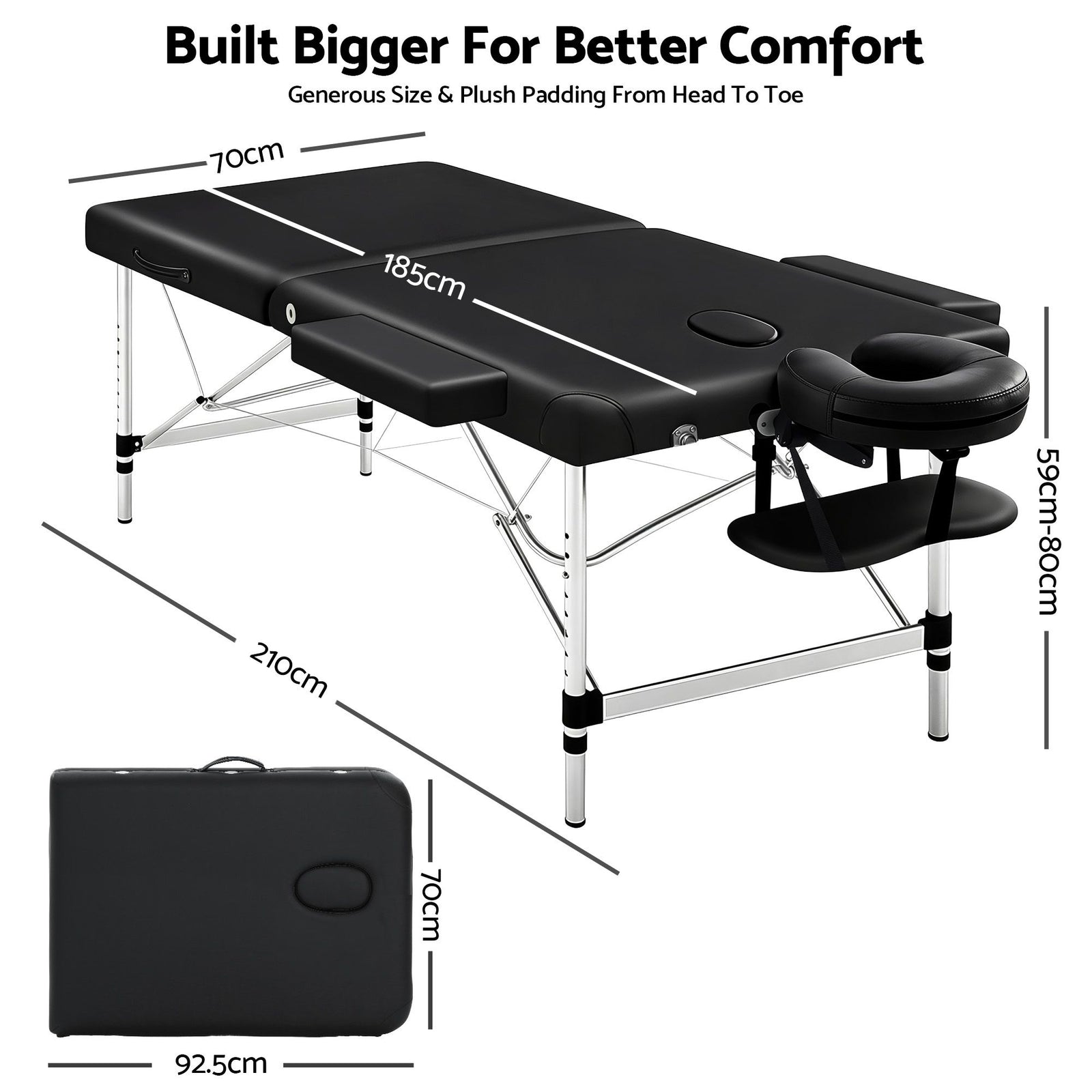 Massage Table 70cm Aluminium 2-Fold Portable 250kg with Bag Cover Black