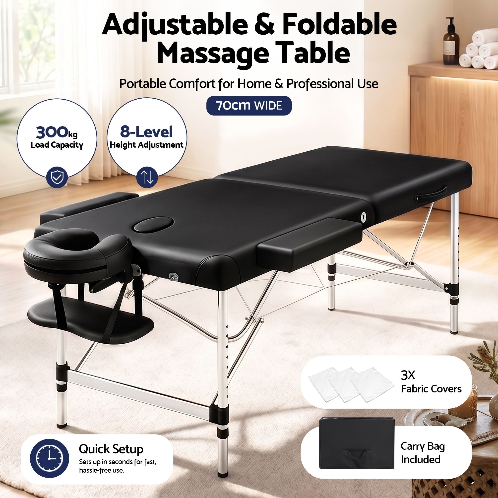 Massage Table 70cm Aluminium 2-Fold Portable 250kg with Bag Cover Black