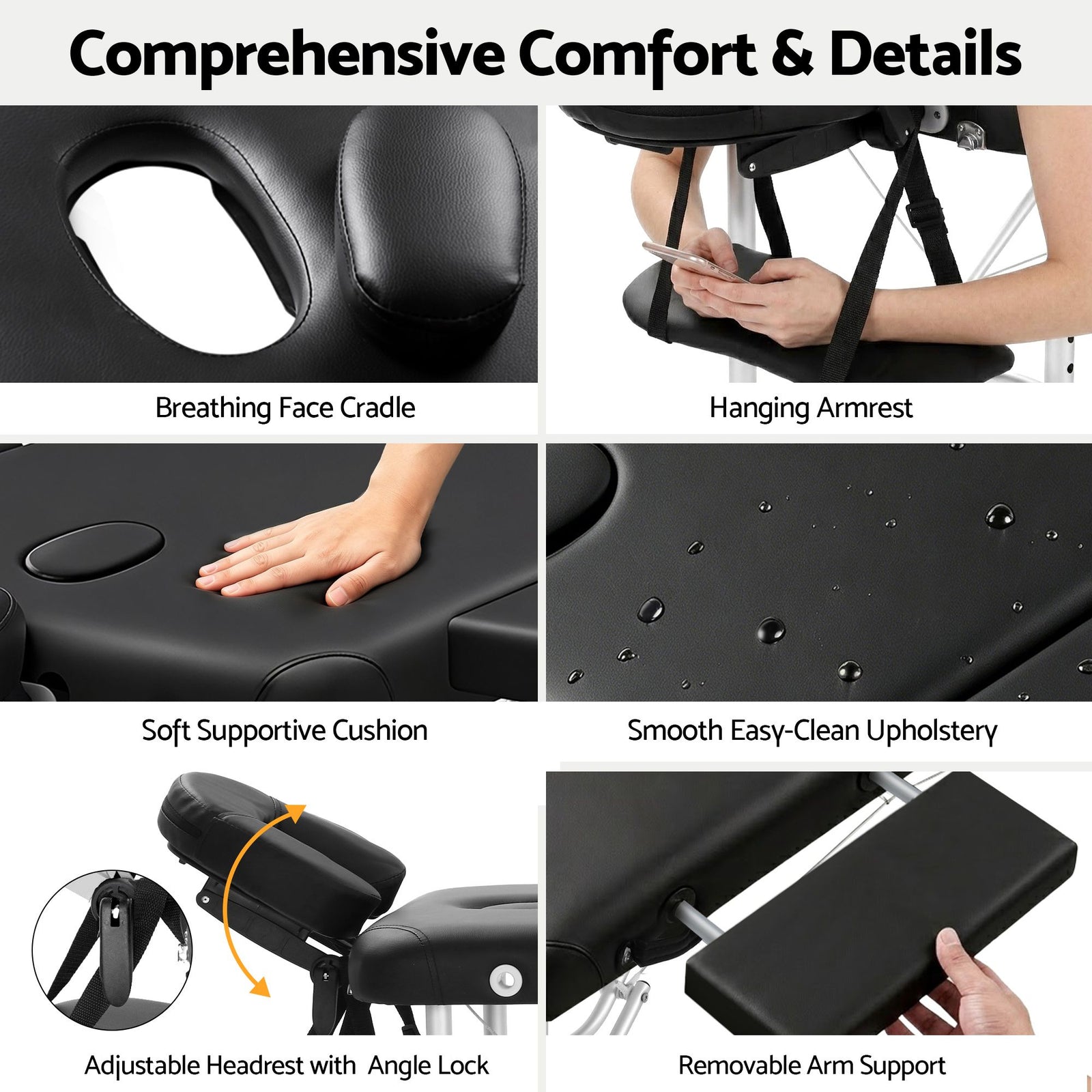 Massage Table 70cm Aluminium 2-Fold Portable 250kg with Bag Cover Black