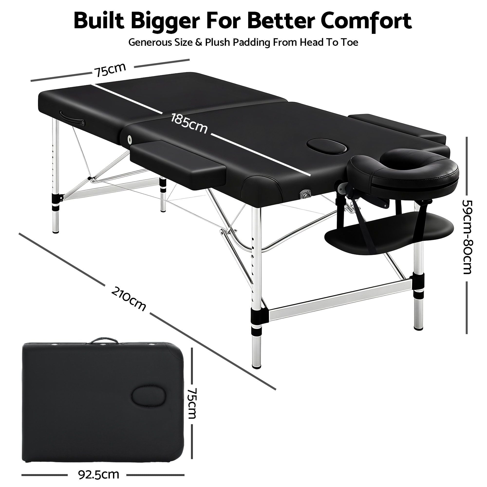 Massage Table 75cm – Aluminium Portable, 250kg Capacity, Adjustable, Black