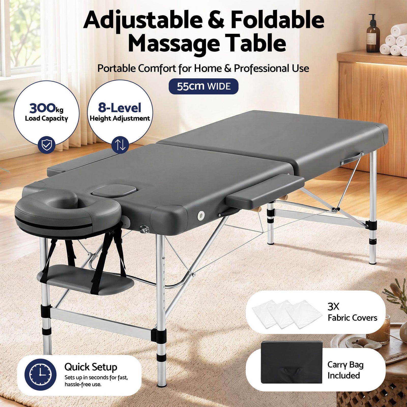 Portable Massage Table Aluminium Folding 55cm Wide Adjustable Height