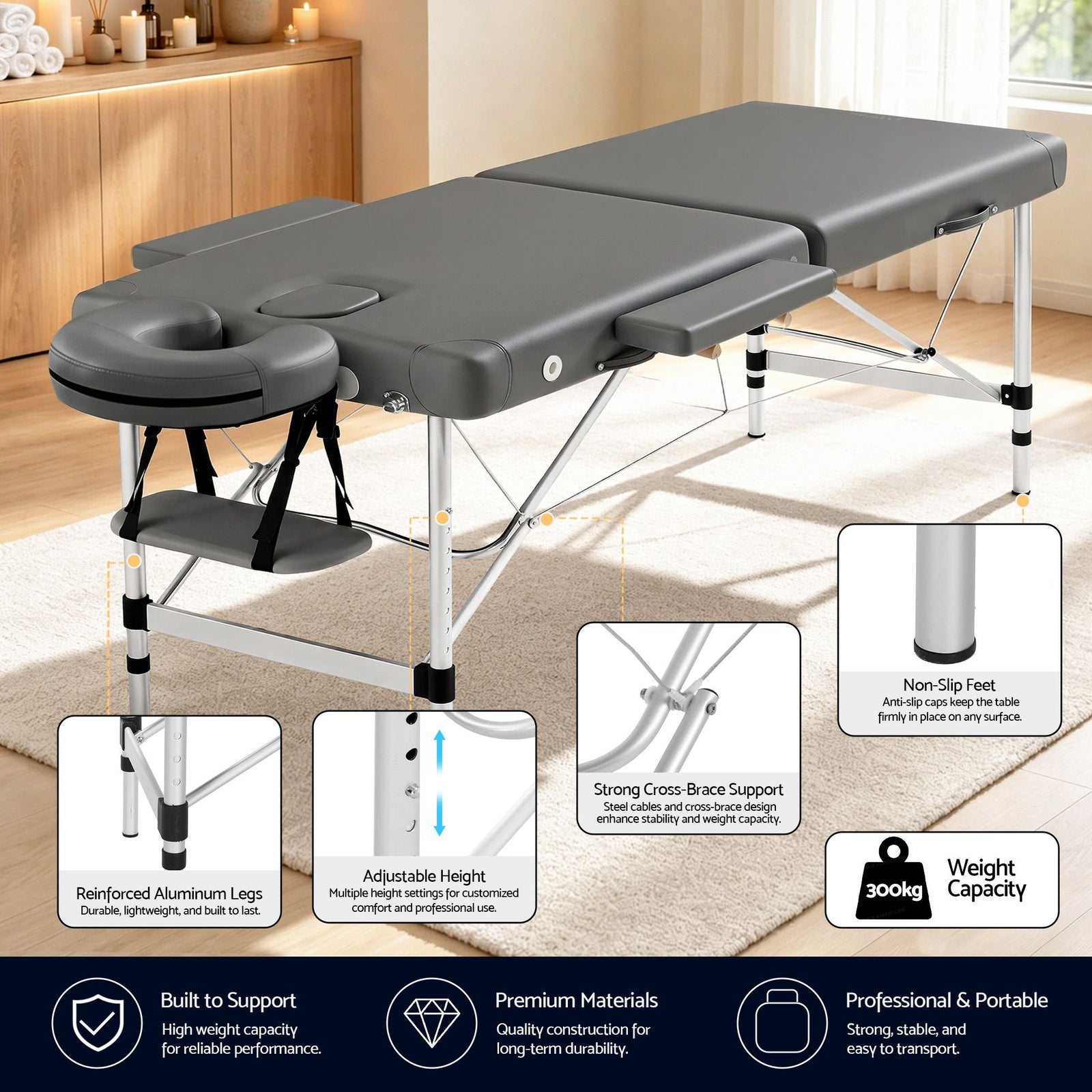Portable Massage Table Aluminium Folding 55cm Wide Adjustable Height