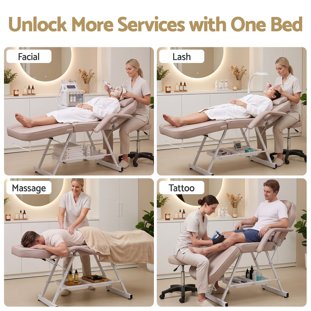 Zenses Beauty Bed with Stool, Beige, Adjustable Facial Massage Table, Tattoo Chair, Salon Services