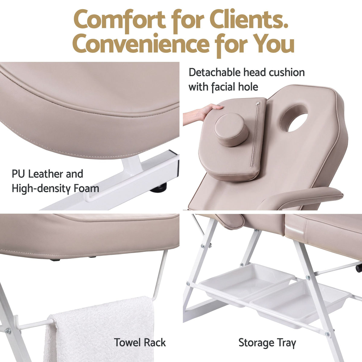Zenses Beauty Bed with Stool, Beige, Adjustable Facial Massage Table, Tattoo Chair, Salon Services