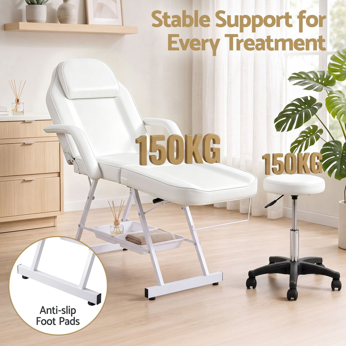 Zenses Beauty Bed with Stool, White, Adjustable Facial Massage Table, Tattoo Chair, Salon Services