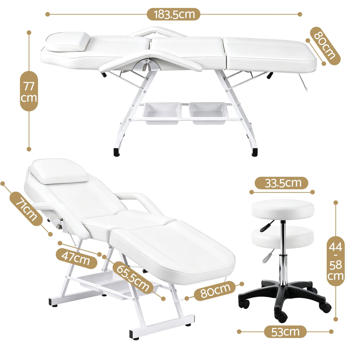 Zenses Beauty Bed with Stool, White, Adjustable Facial Massage Table, Tattoo Chair, Salon Services