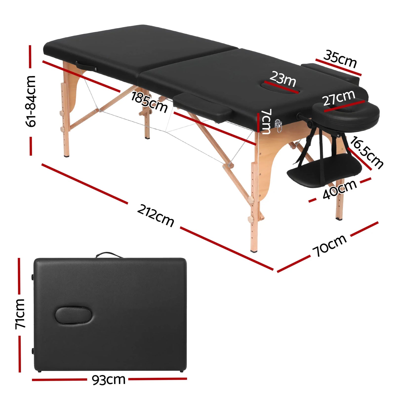 Massage Table 70cm Portable 2 Fold Wooden Beauty Waxing Therapy Bed Black