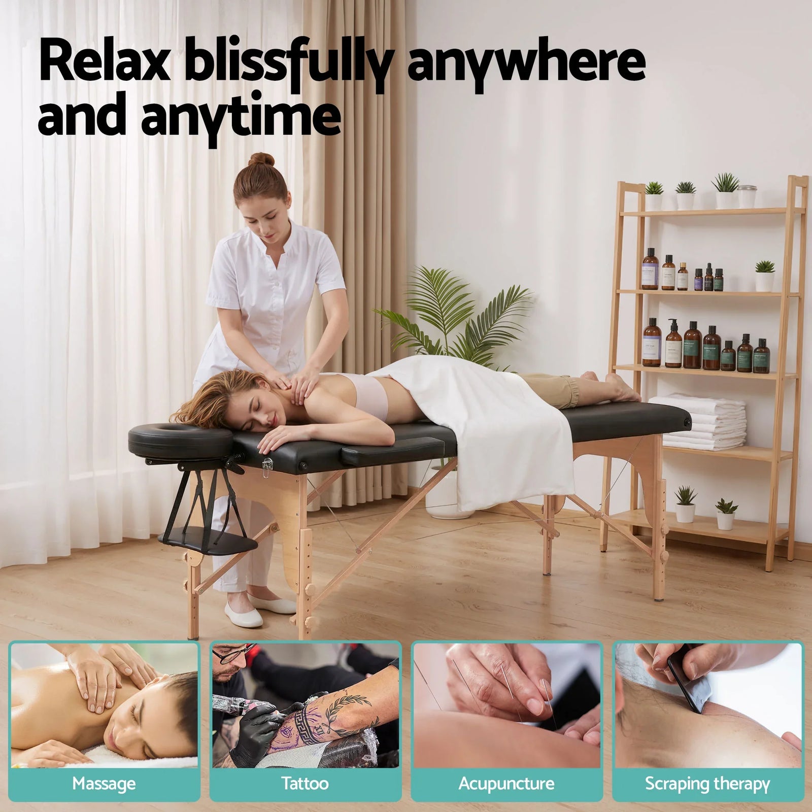 Massage Table 70cm Portable 2 Fold Wooden Beauty Waxing Therapy Bed Black