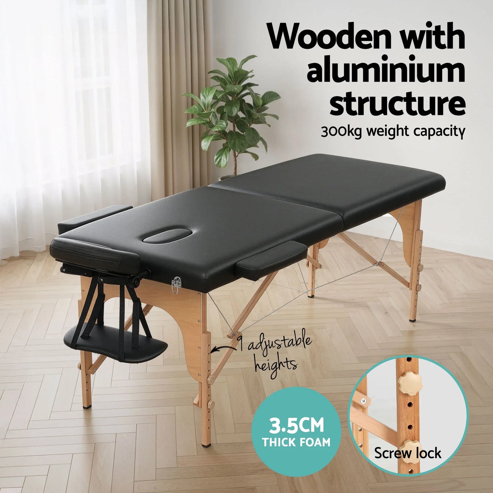 Massage Table 70cm Portable 2 Fold Wooden Beauty Waxing Therapy Bed Black