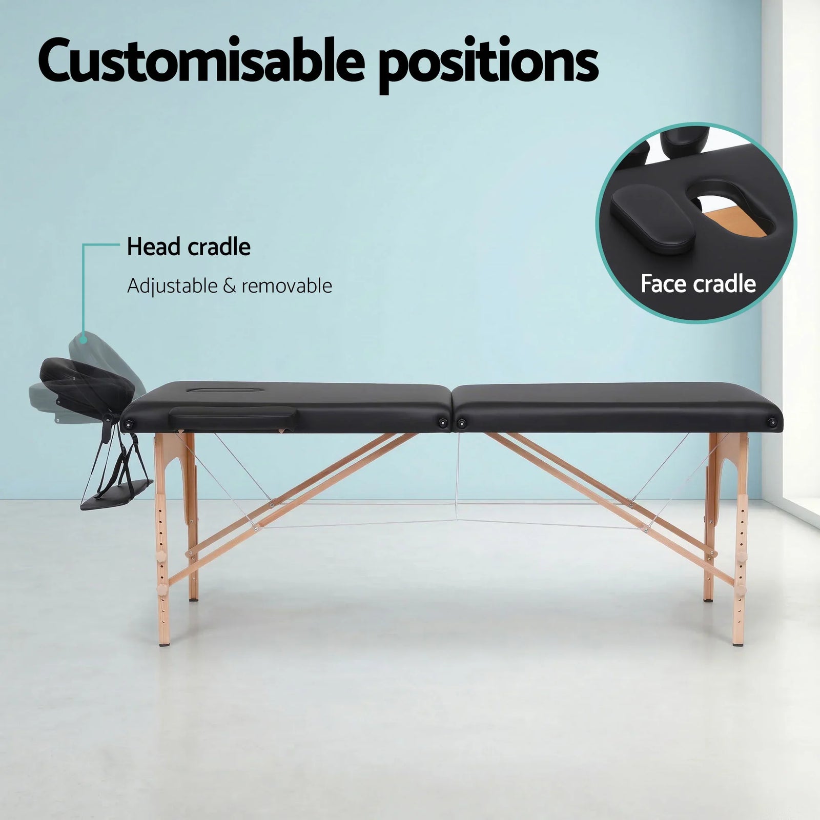 Massage Table 70cm Portable 2 Fold Wooden Beauty Waxing Therapy Bed Black