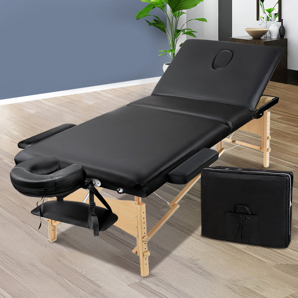 Massage Table 75cm Wooden 3-Fold 250kg Capacity 9 Heights with Bag Black