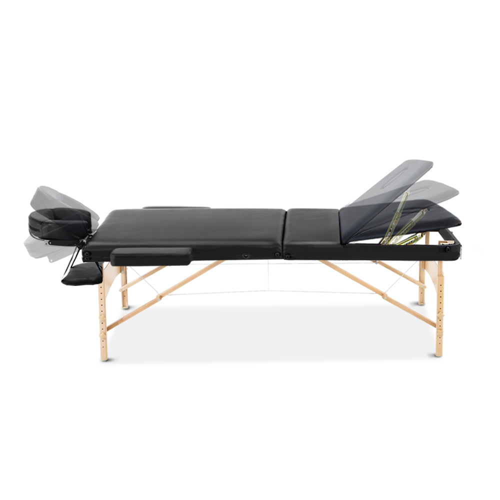 Massage Table 75cm Wooden 3-Fold 250kg Capacity 9 Heights with Bag Black
