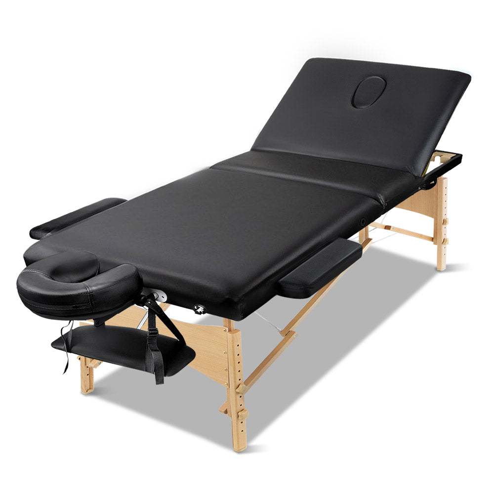 Massage Table 75cm Wooden 3-Fold 250kg Capacity 9 Heights with Bag Black