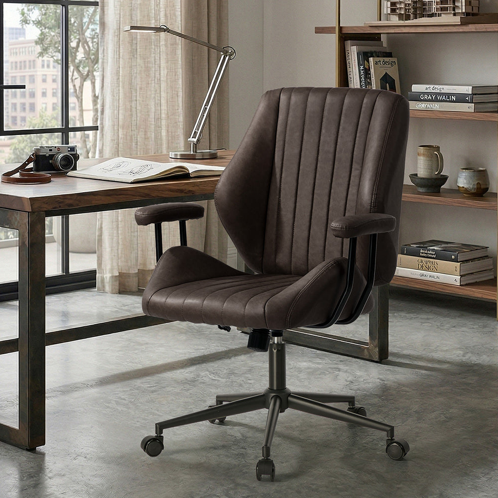 Oikiture Office Chair Mid Back Swivel with Padded Arms Chocolate