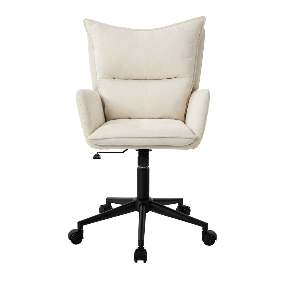 Oikiture Mid Back Swivel Office Chair, Wide Seat Linen Desk Chair, Arms, Beige