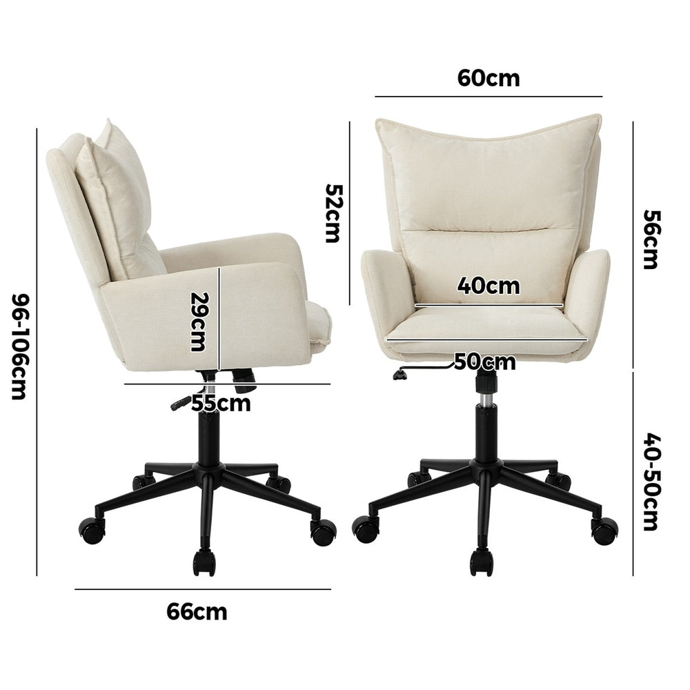Oikiture Mid Back Swivel Office Chair, Wide Seat Linen Desk Chair, Arms, Beige