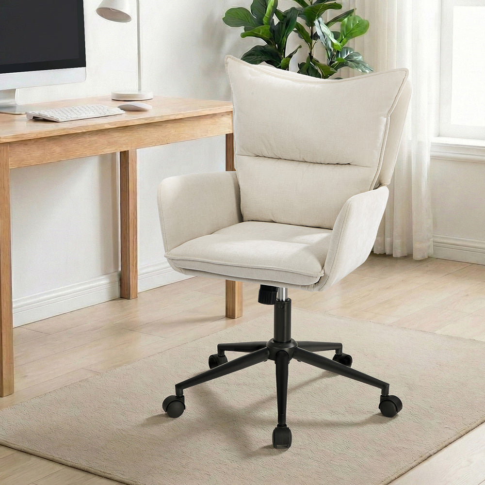 Oikiture Mid Back Swivel Office Chair, Wide Seat Linen Desk Chair, Arms, Beige