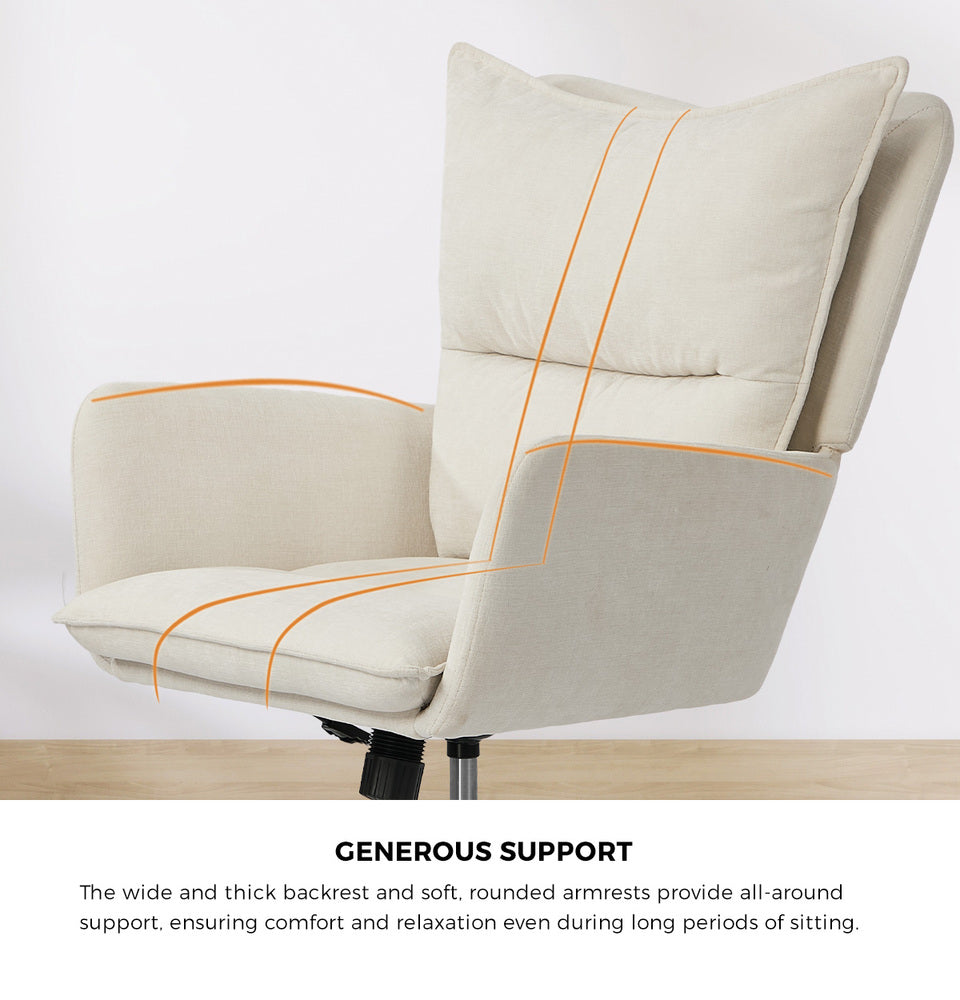 Oikiture Mid Back Swivel Office Chair, Wide Seat Linen Desk Chair, Arms, Beige