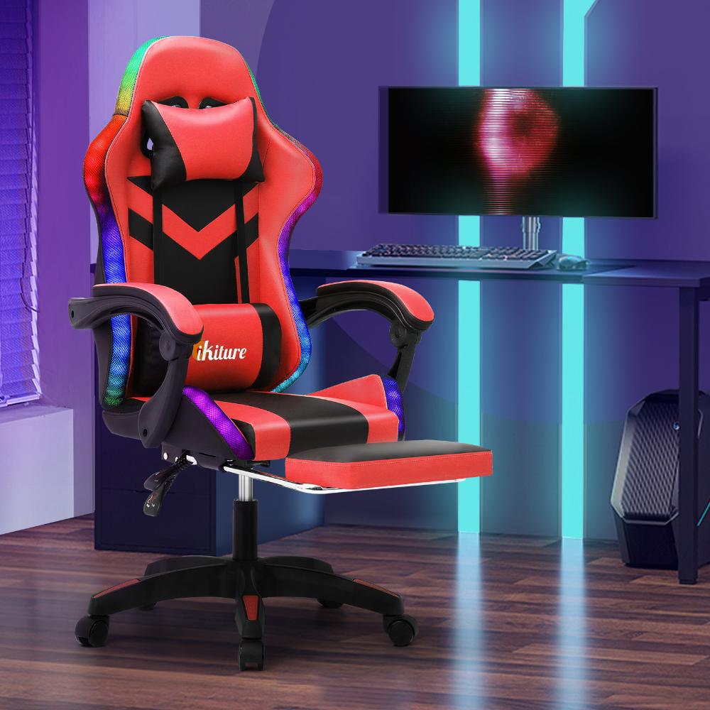 Racing Gaming Chair 7 RGB LED 8 Points Massage Black&Red