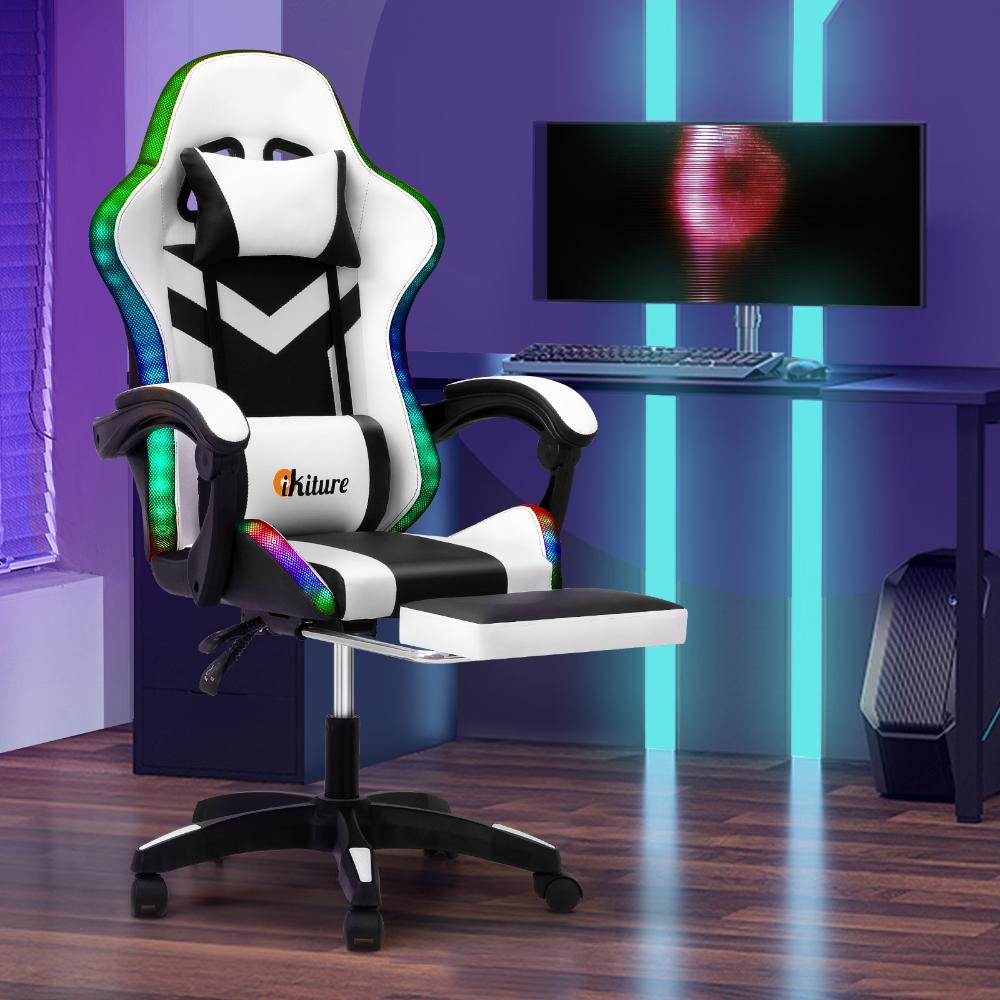 Racing Gaming Chair 7 RGB LED 8 Points Massage Black&White