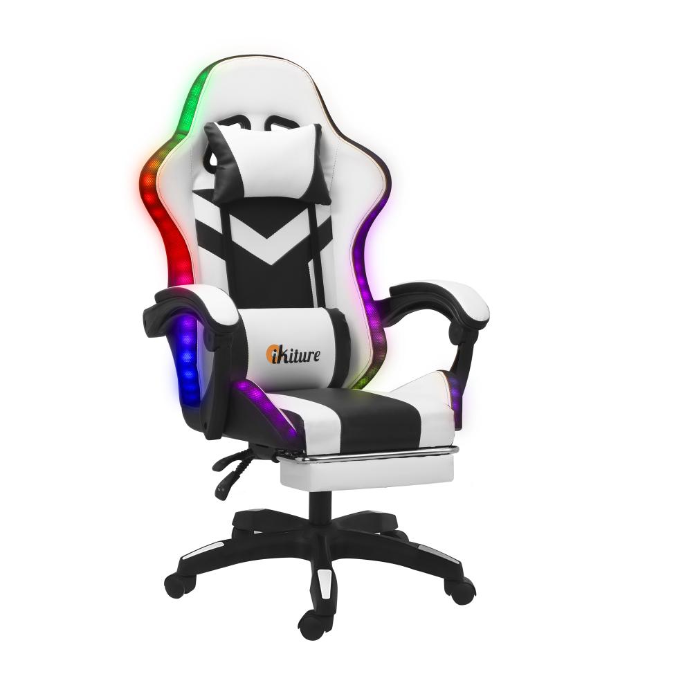 Racing Gaming Chair 7 RGB LED 8 Points Massage Black&White