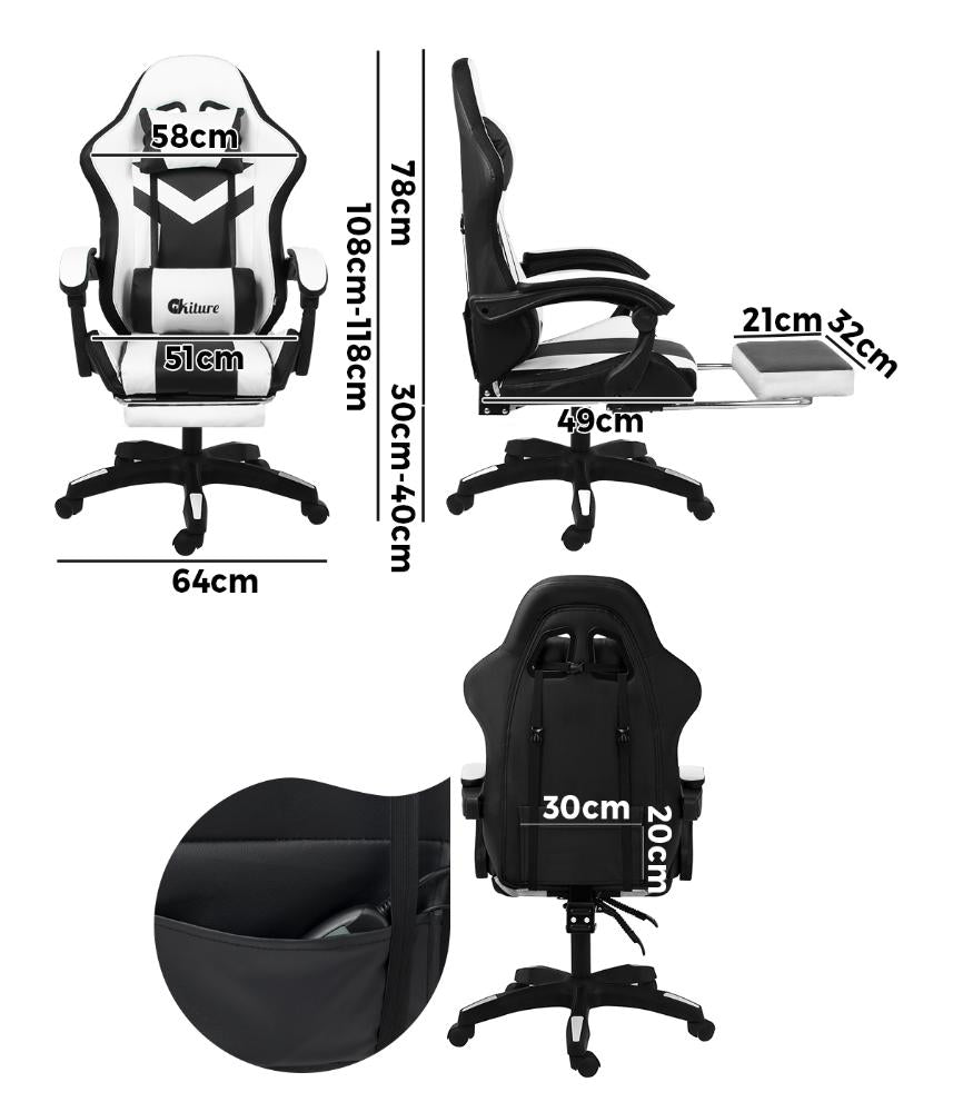 Racing Gaming Chair 7 RGB LED 8 Points Massage Black&White