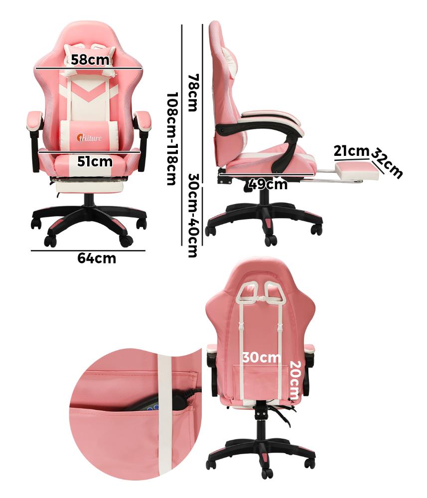 Racing Gaming Chair 7 RGB LED 8 Points Massage Pink&White