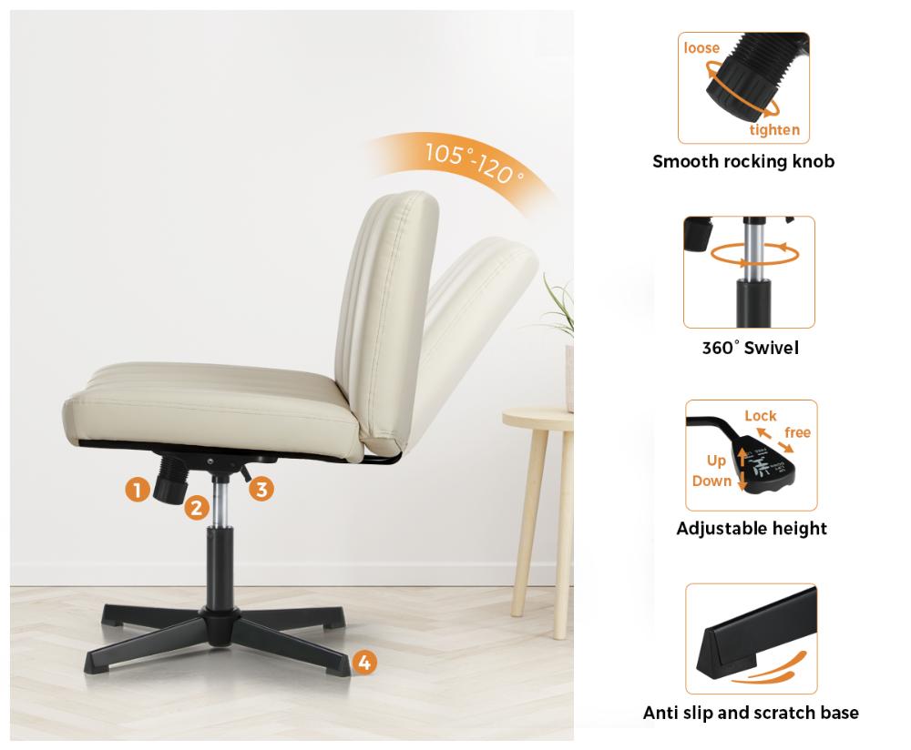 Mid Back Office Chair Wide Seat PU Leather Beige