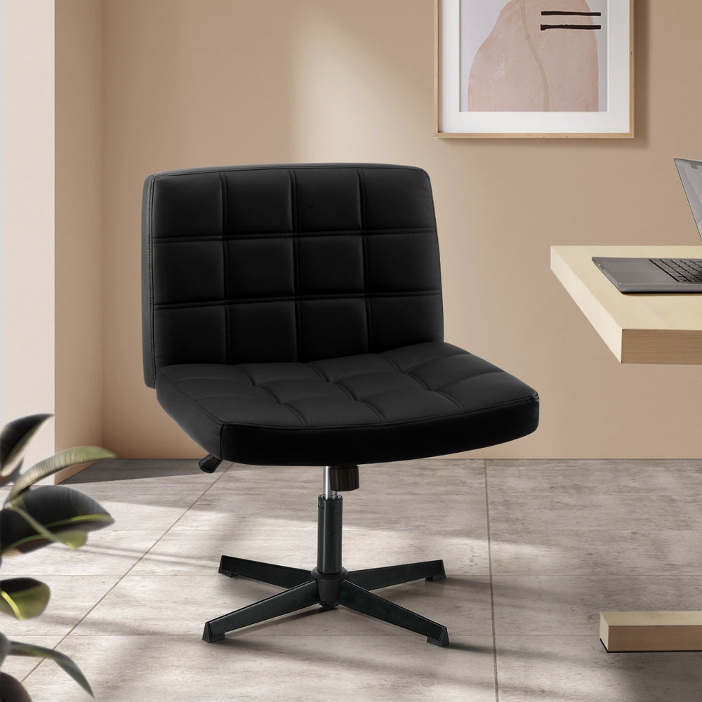 Mid Back Office Chair Wide Seat Leather Black No Wheels