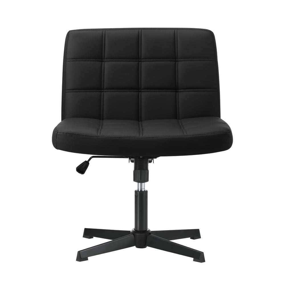Mid Back Office Chair Wide Seat Leather Black No Wheels