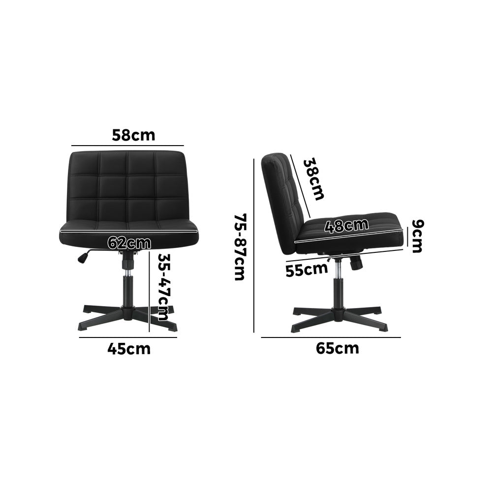 Mid Back Office Chair Wide Seat Leather Black No Wheels