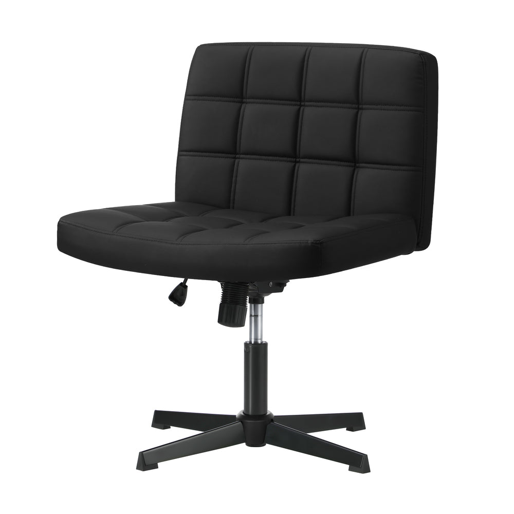 Mid Back Office Chair Wide Seat Leather Black No Wheels