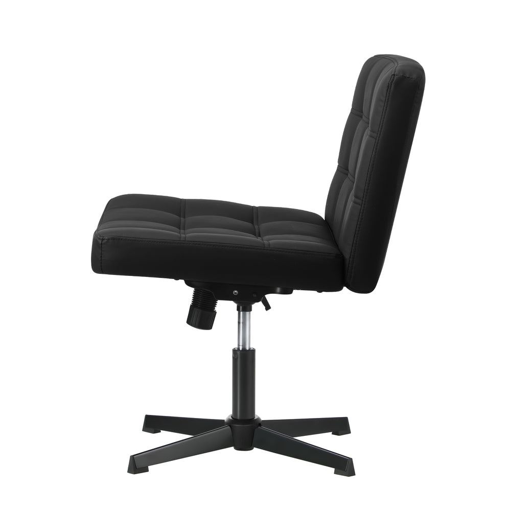 Mid Back Office Chair Wide Seat Leather Black No Wheels