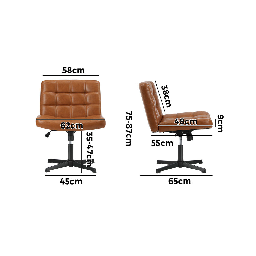 Mid Back Office Chair Wide Seat Leather Brown No Wheels
