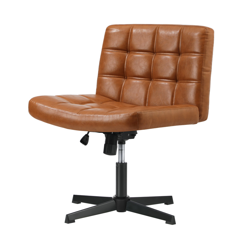 Mid Back Office Chair Wide Seat Leather Brown No Wheels