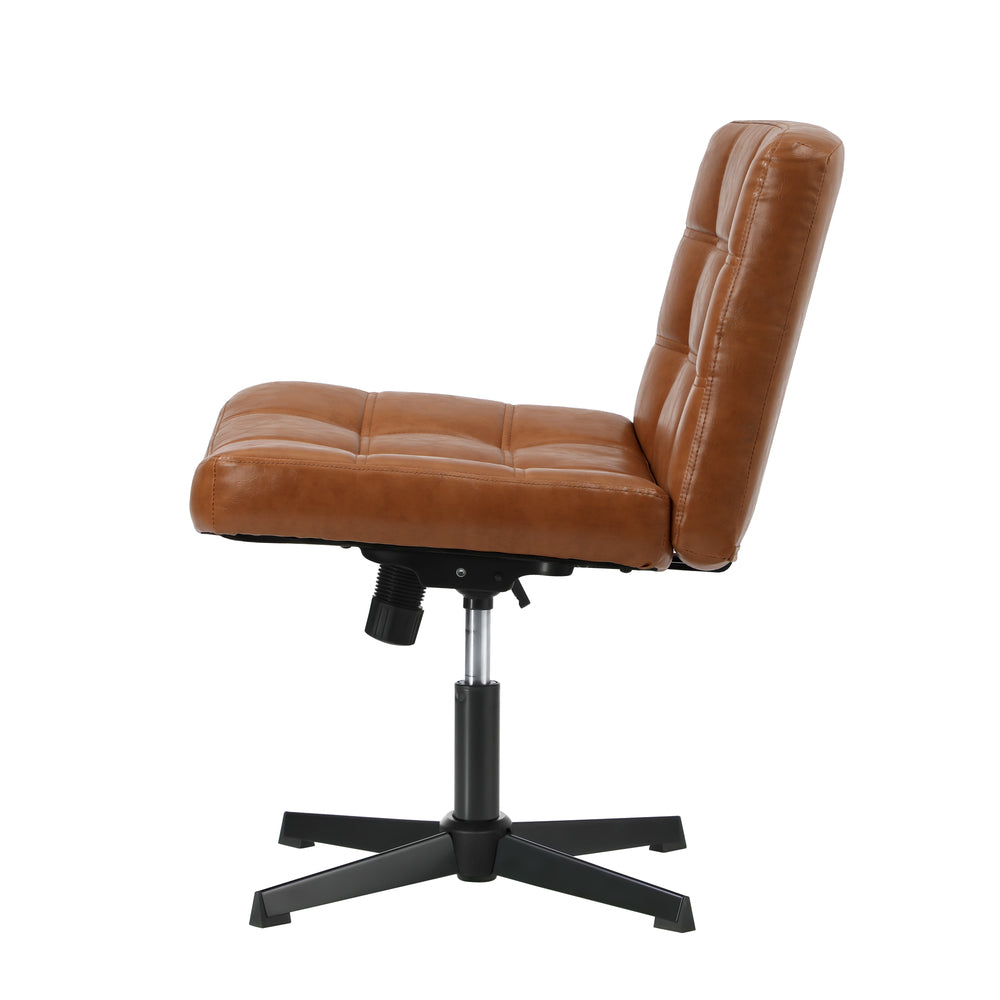 Mid Back Office Chair Wide Seat Leather Brown No Wheels