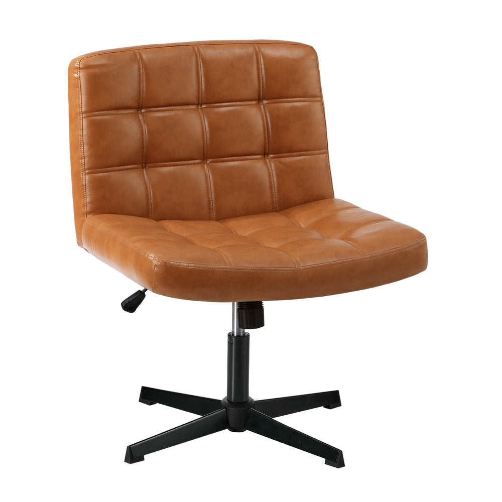 Mid Back Office Chair Wide Seat Leather Brown No Wheels