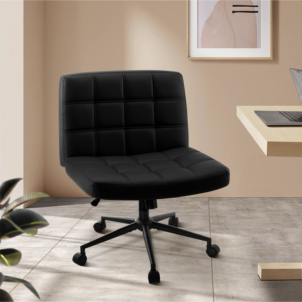 Mid Back Office Chair Wide Seat PU Leather Black w/Wheels