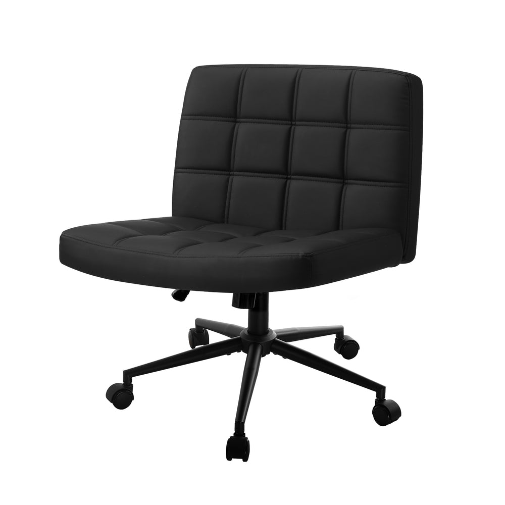 Mid Back Office Chair Wide Seat PU Leather Black w/Wheels