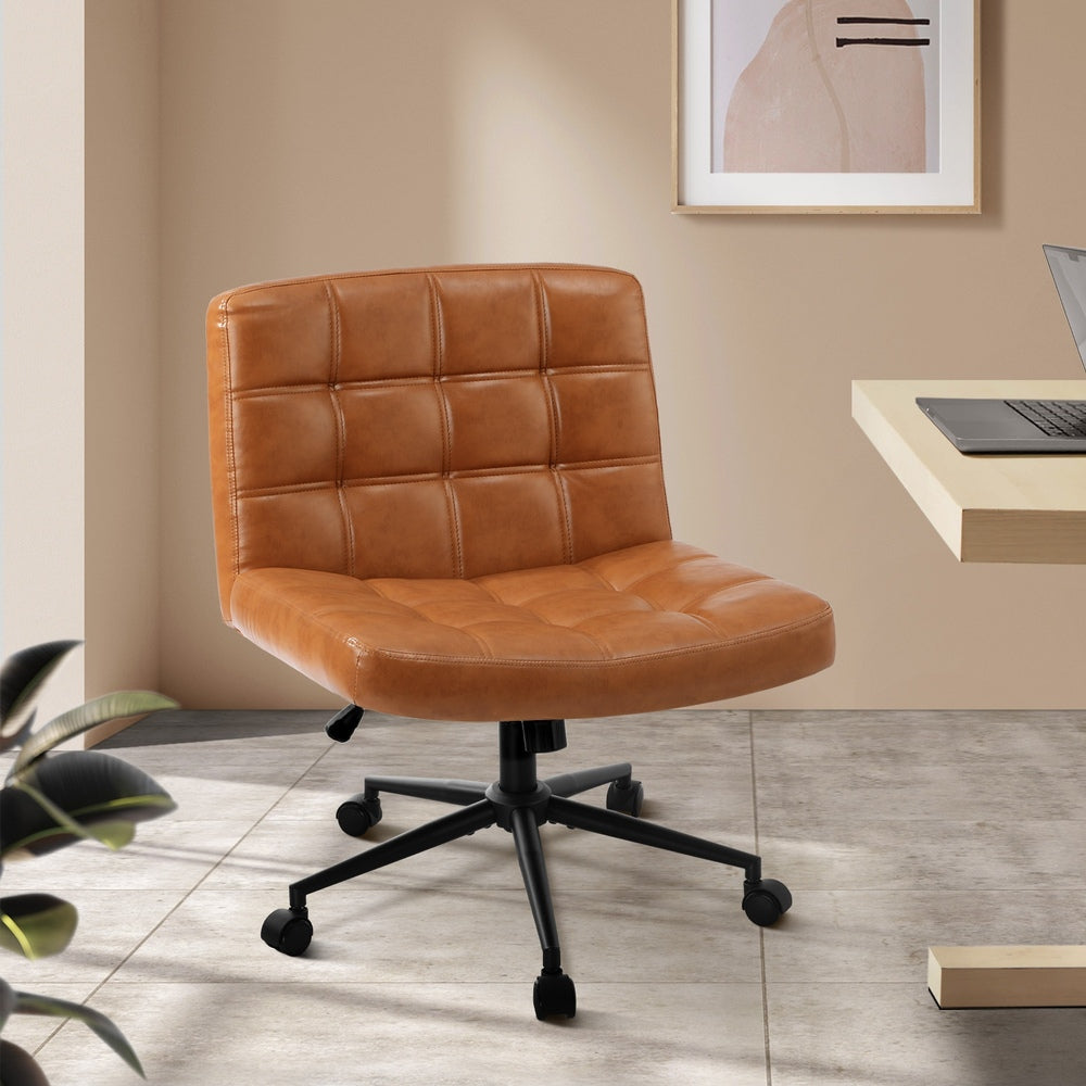Mid Back Office Chair Wide Seat PU Leather Brown w/Wheels