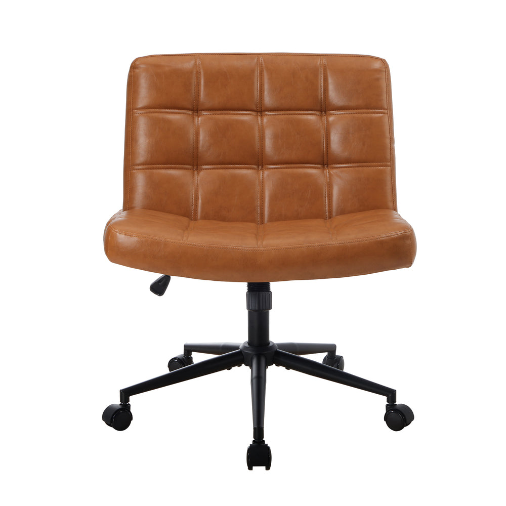 Mid Back Office Chair Wide Seat PU Leather Brown w/Wheels