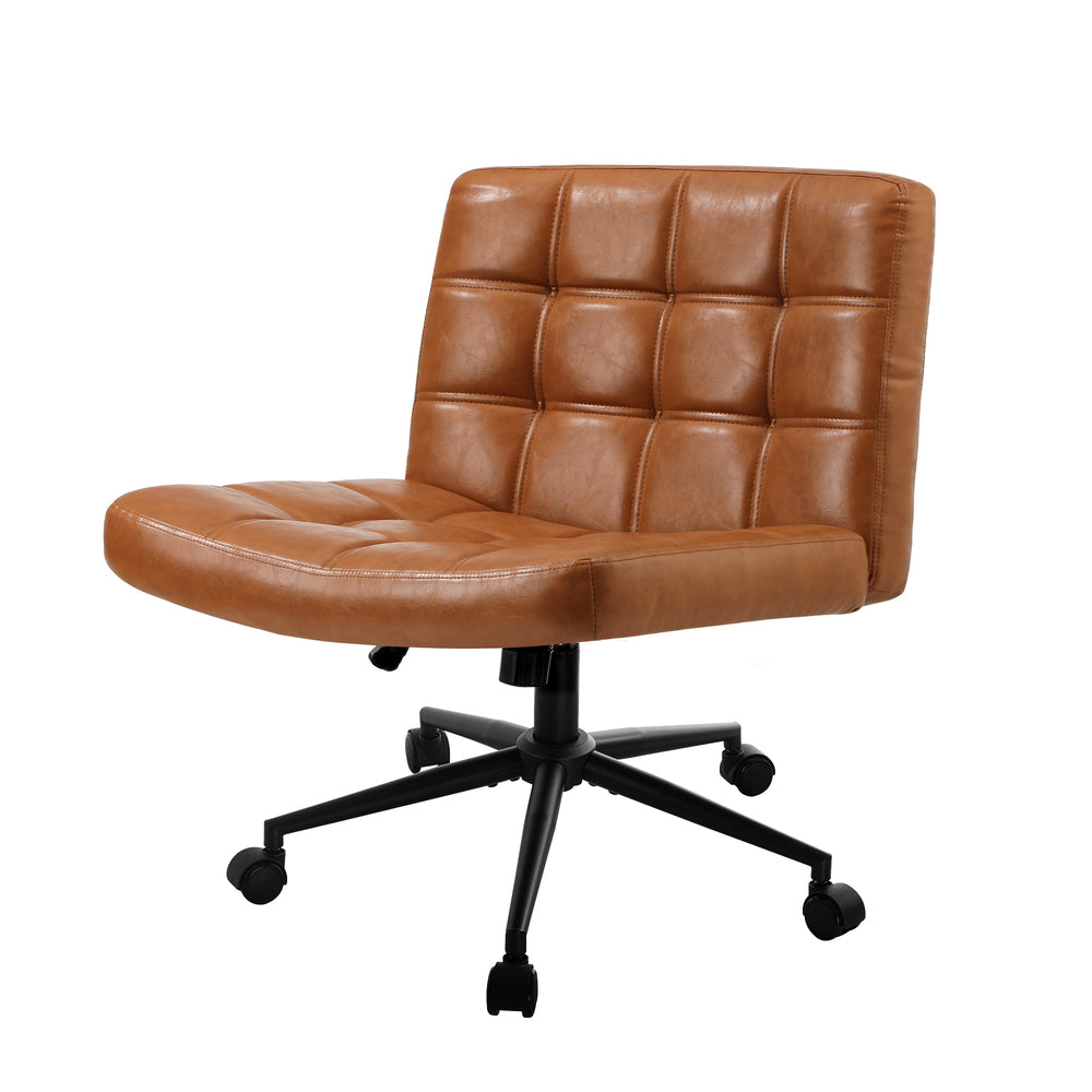Mid Back Office Chair Wide Seat PU Leather Brown w/Wheels