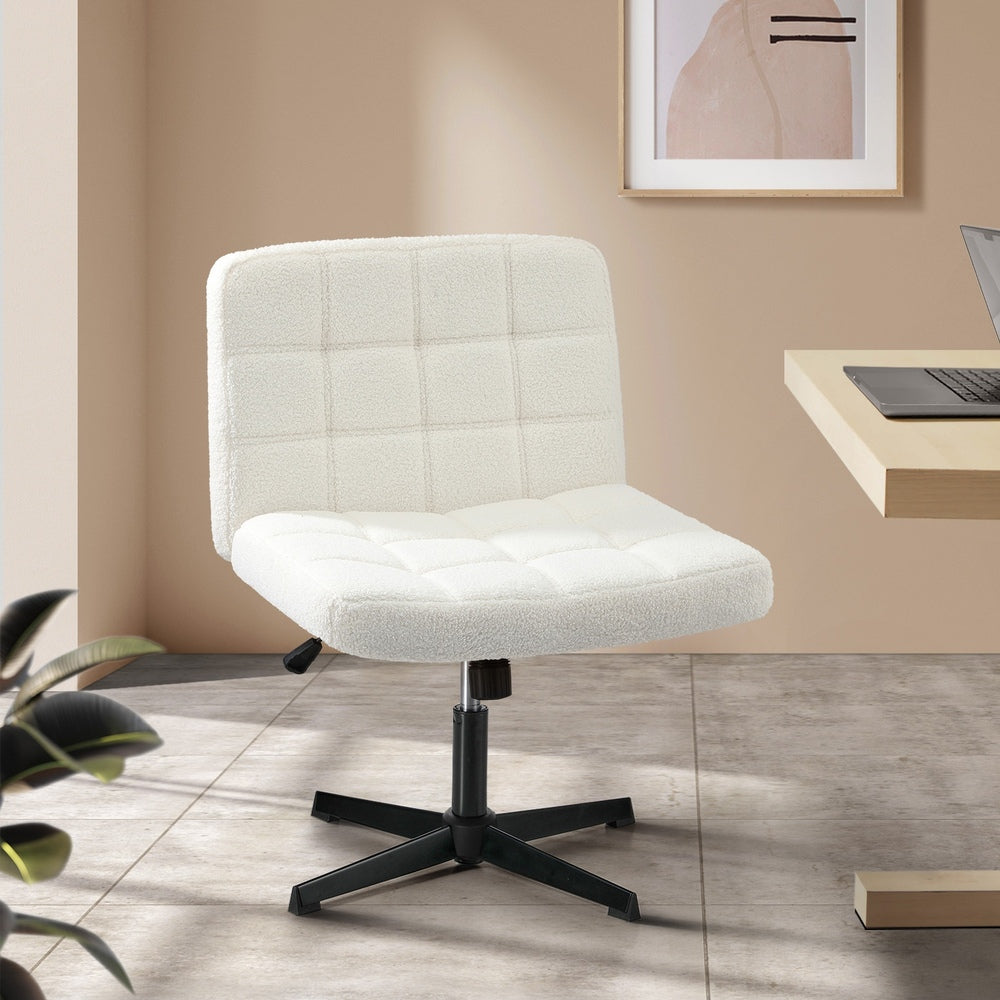 Mid Back Office Chair Wide Seat Boucle White No Wheels
