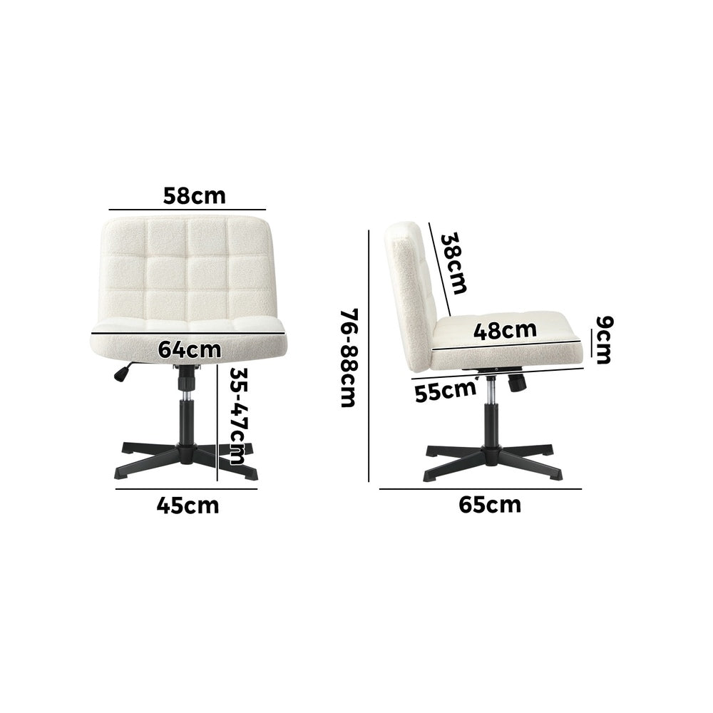 Mid Back Office Chair Wide Seat Boucle White No Wheels