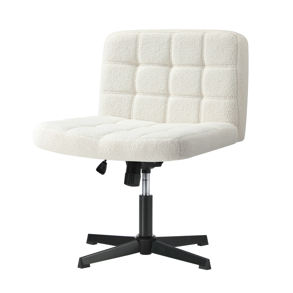 Mid Back Office Chair Wide Seat Boucle White No Wheels