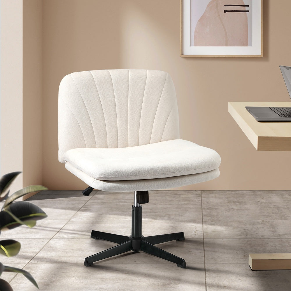 Office Chair Wide Seat Linen Beige No Wheels